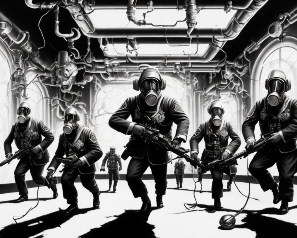 Monochrome artwork of soldiers in gas masks and vintage gear in pipework corridor