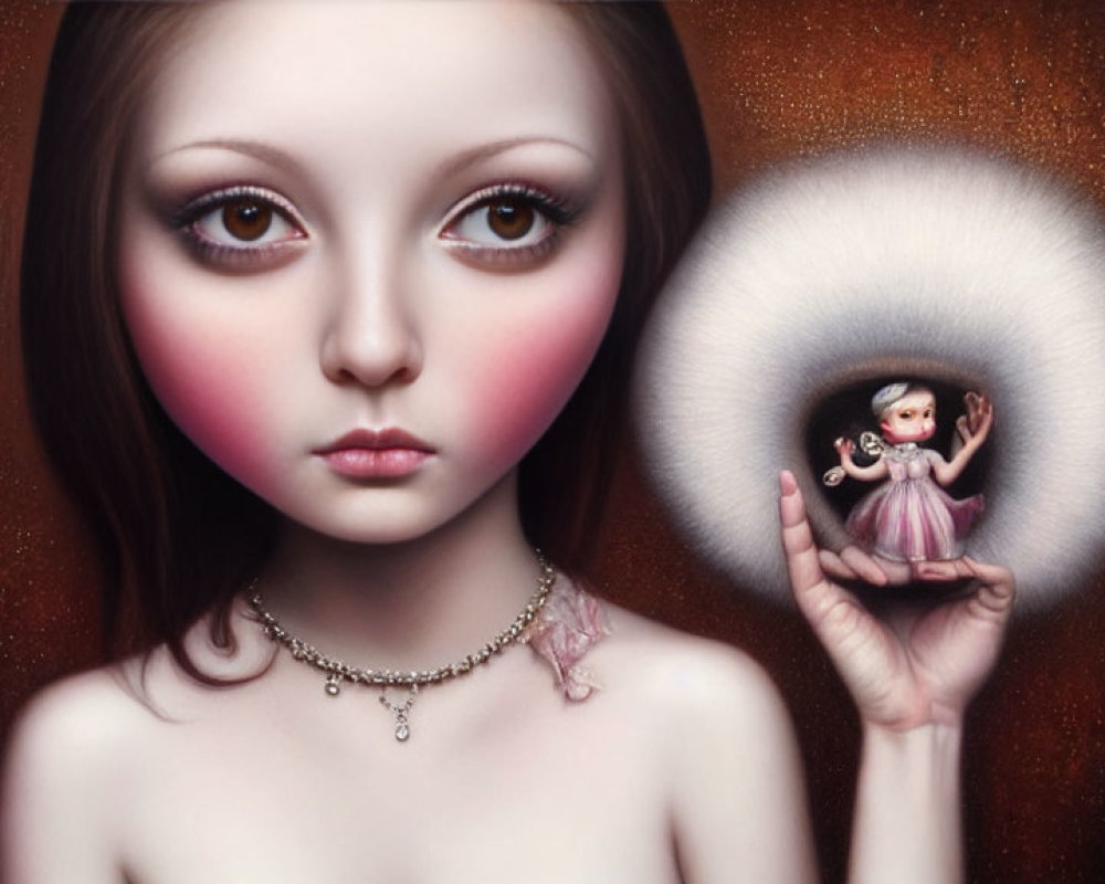 Surreal painting: Large-eyed girl holding smaller version in palm