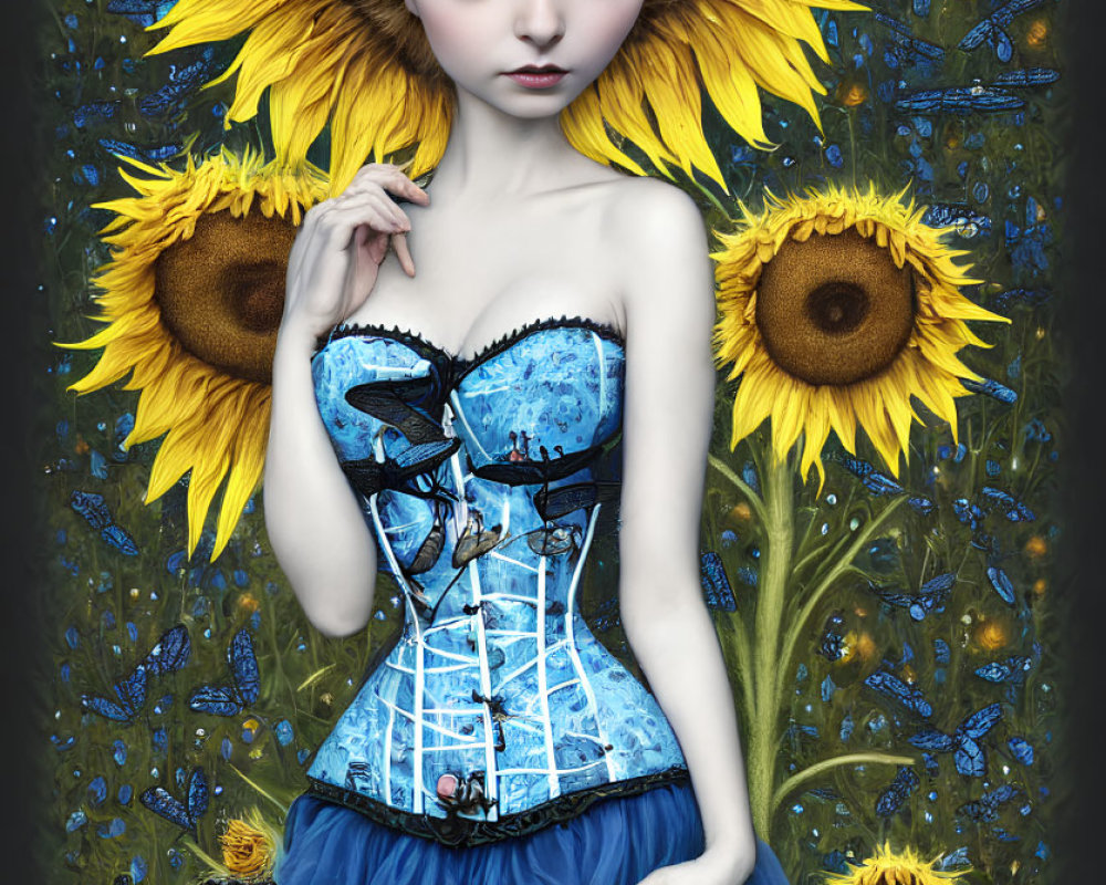 Surreal female figure with sunflower headdress and butterflies on blue background