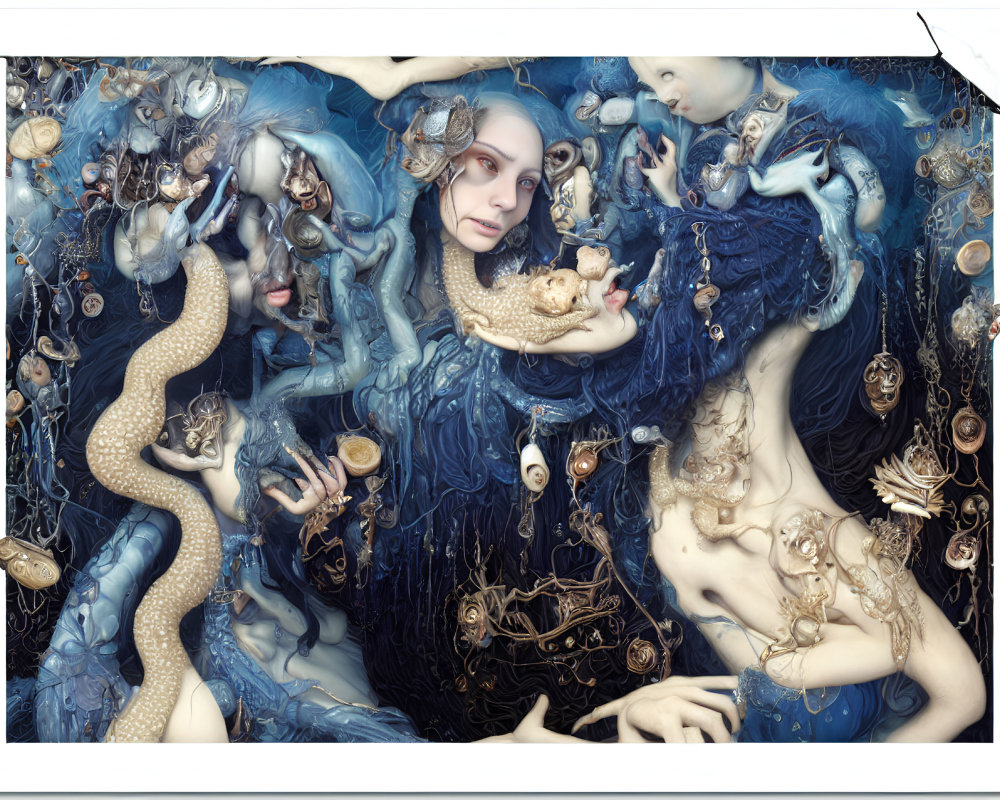 Surreal art with human-like figures and mermaid tails among marine life and baroque elements in