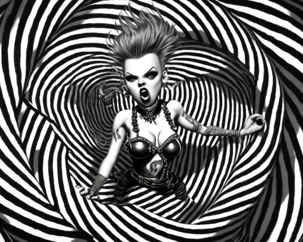 Fierce punk-style character with wild hair and intense makeup on spiral background