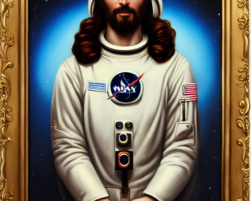 Portrait of a person in NASA spacesuit with long hair and beard in golden frame against starry background