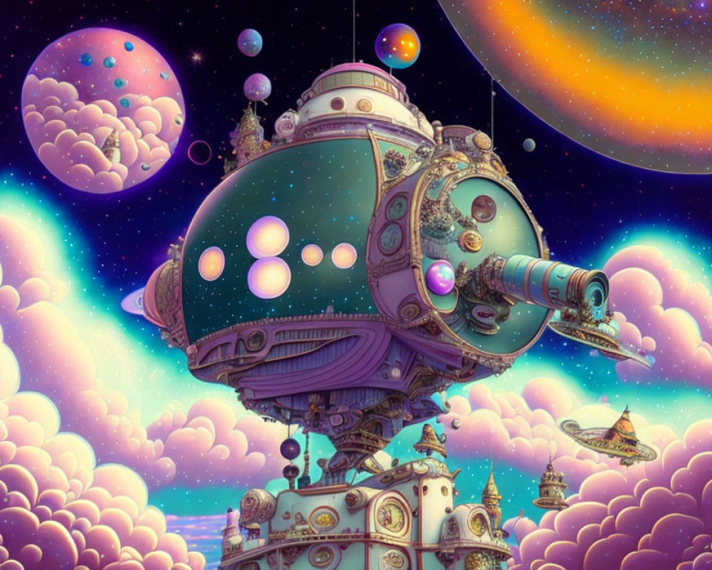 Whimsical steampunk-style city in pastel clouds with airships