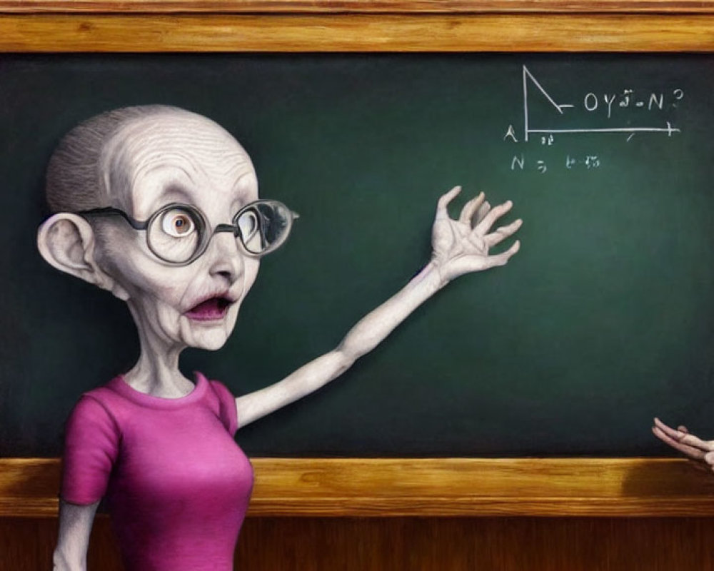 Exaggerated teacher caricature by chalkboard with math equations