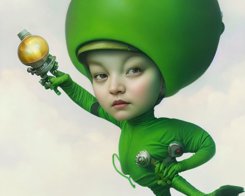 Child with oversized green alien head and suit holding futuristic device in digital artwork