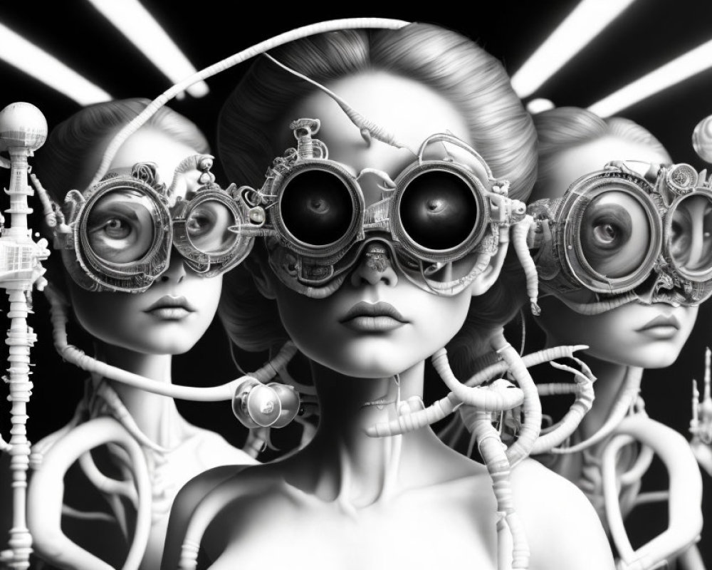 Three identical female figures with ornate steampunk goggles on striped background