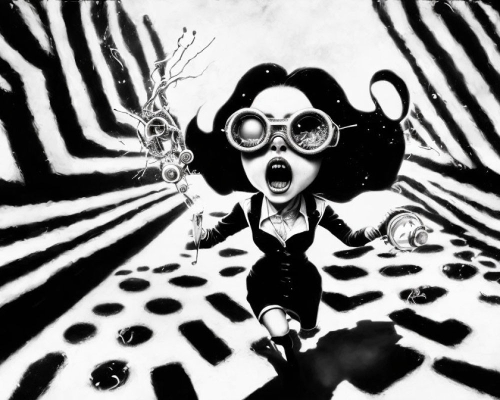 Monochrome cartoon character with large eyes in surreal backdrop