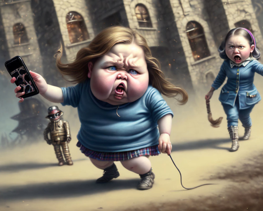 Digital artwork of displeased young girls with smartphone, indignant expression, and tiny knights.