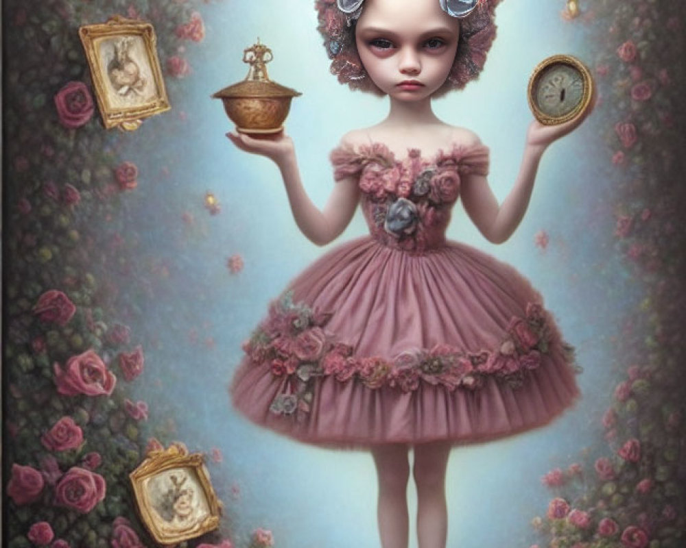 Surreal portrait of figurine-like girl with oversized Victorian-style head amid roses, frames, and