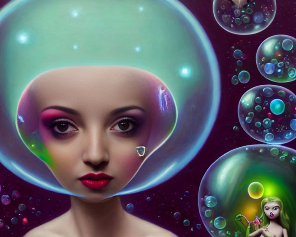 Colorful surreal portrait of a woman with bubbles and tiny figures