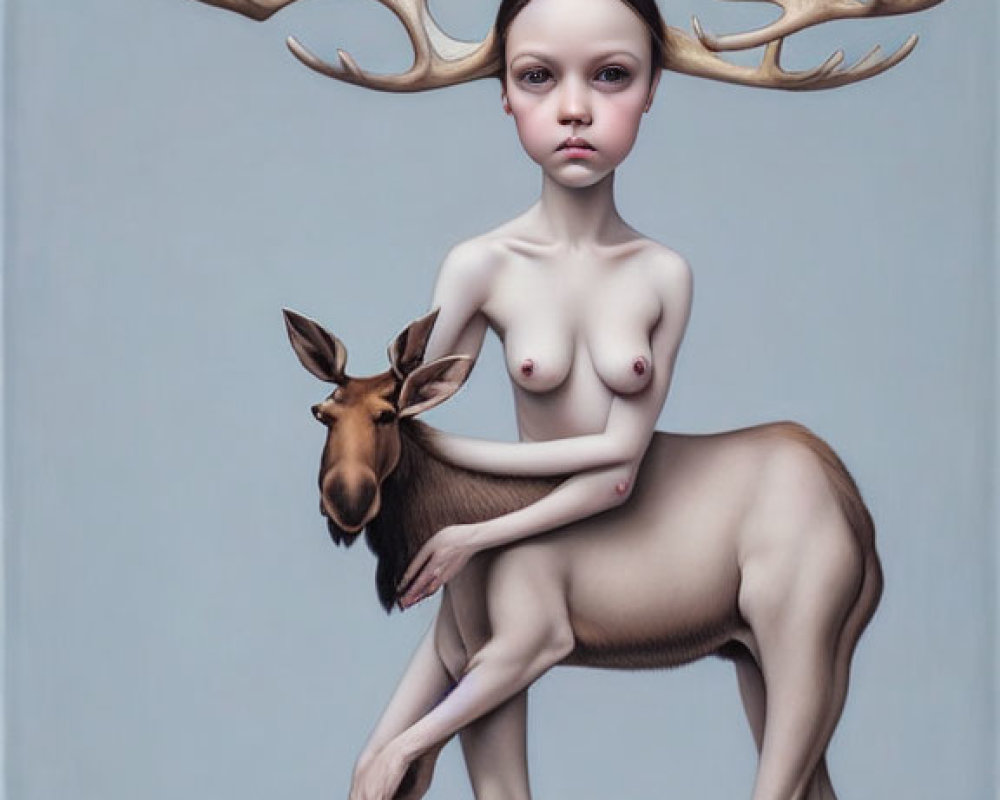 Surreal painting of moose-bodied creature with girl's face and antlers