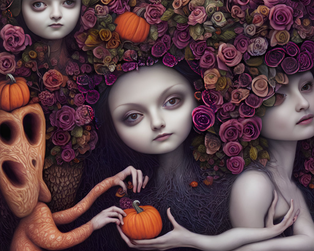 Three pale figures with dark eyes and floral crowns, one holding a pumpkin, another with a creature