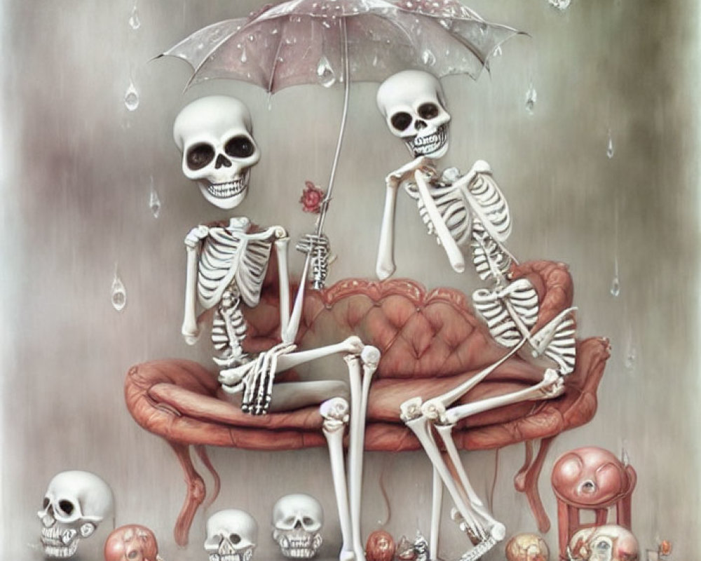 Intimate Skeletons on Couch Under Umbrella in Surreal Rainy Scene