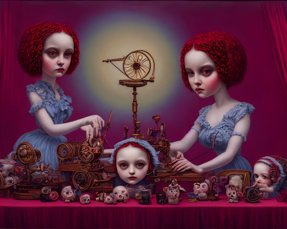 Identical Red-Haired Girls in Blue Dresses Surrounded by Mechanical Objects and Doll Heads