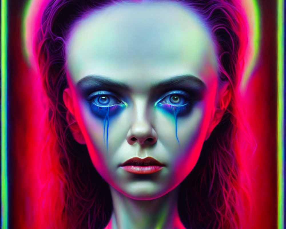 Vivid digital portrait of a woman with blue eyes and neon lights