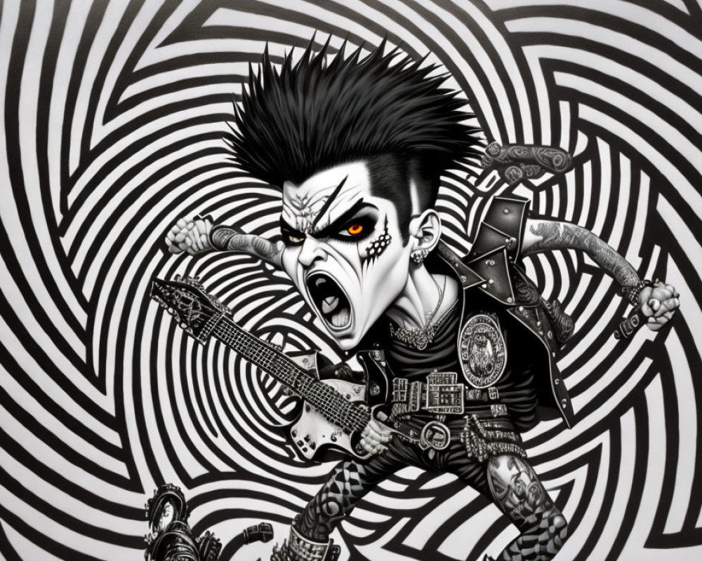 Illustrated rocker with mohawk playing guitar on tribal spiral background