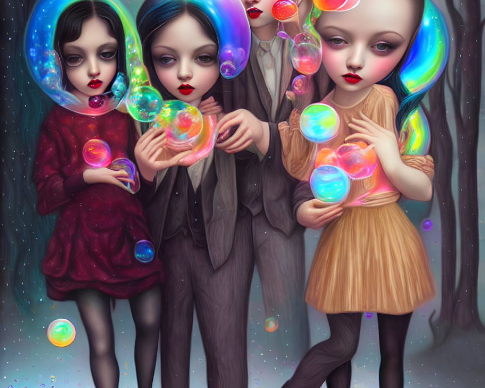 Stylized doll-like figures playing with iridescent bubbles