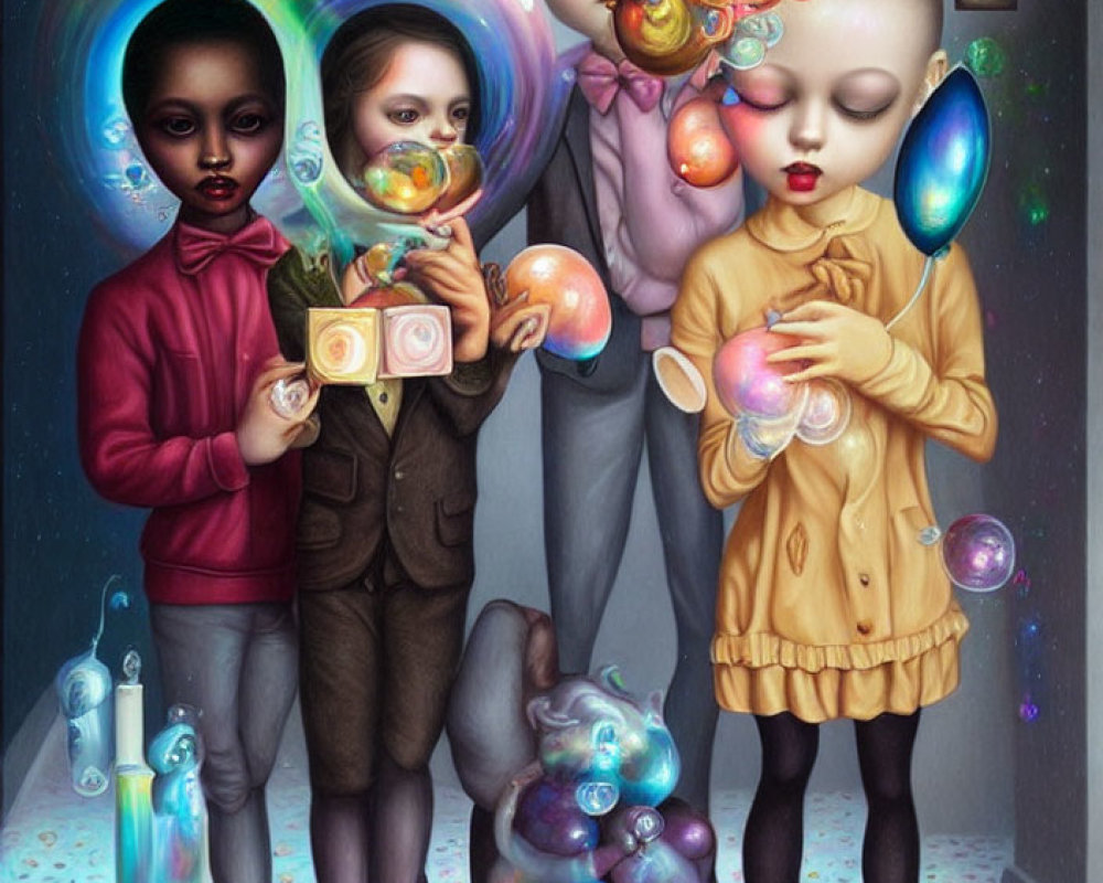 Stylized children blowing iridescent bubbles in dreamlike scene