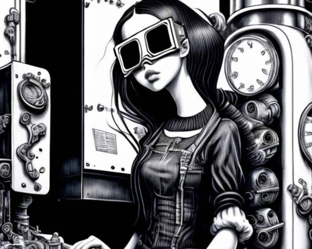 Monochromatic illustration of woman with square glasses operating complex machinery