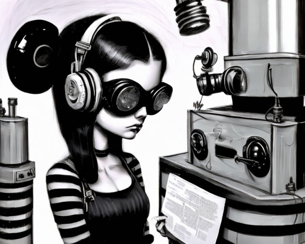 Monochrome illustration of a girl with headphones and goggles next to a whimsical machine