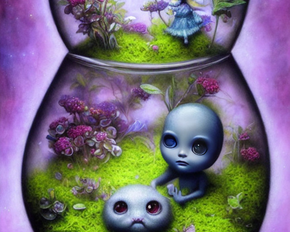 Vivid illustration featuring glass terrarium, tiny girl, pink flowers, blue creature, and butterfly.