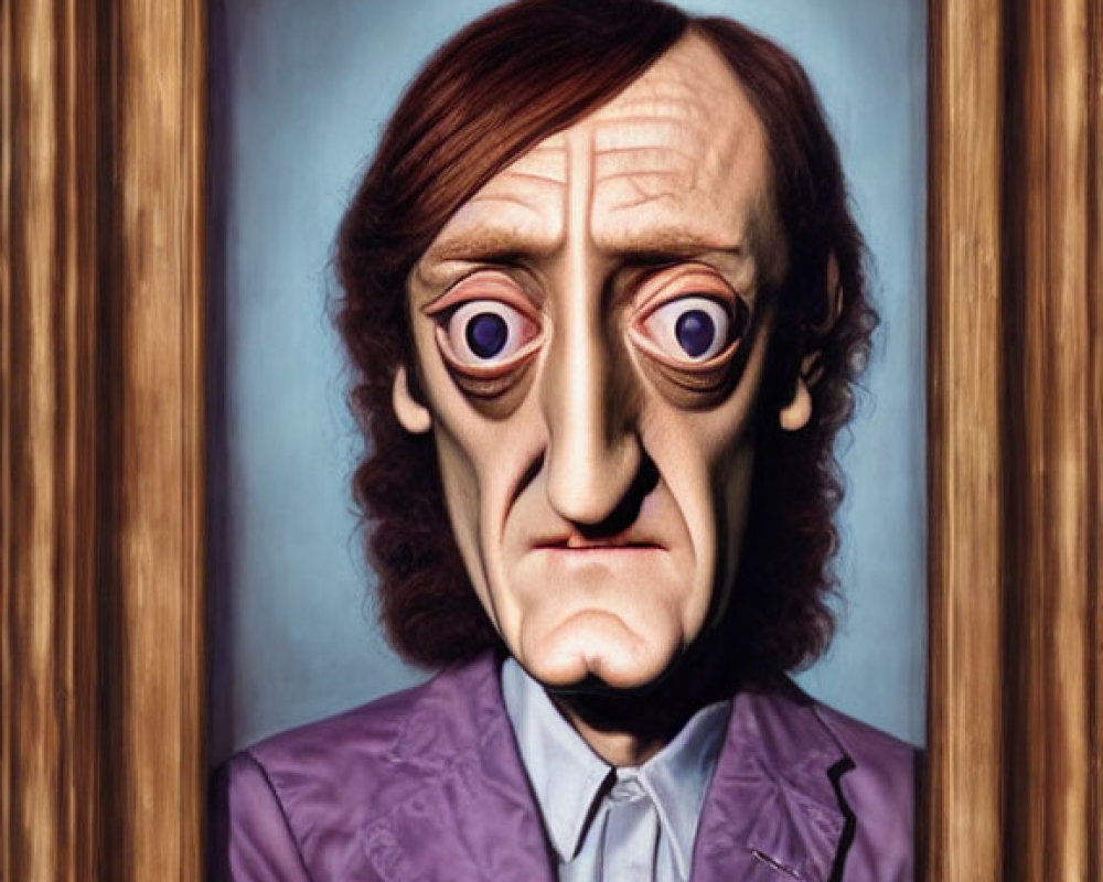 Elongated face, large eyes, prominent nose in wooden frame