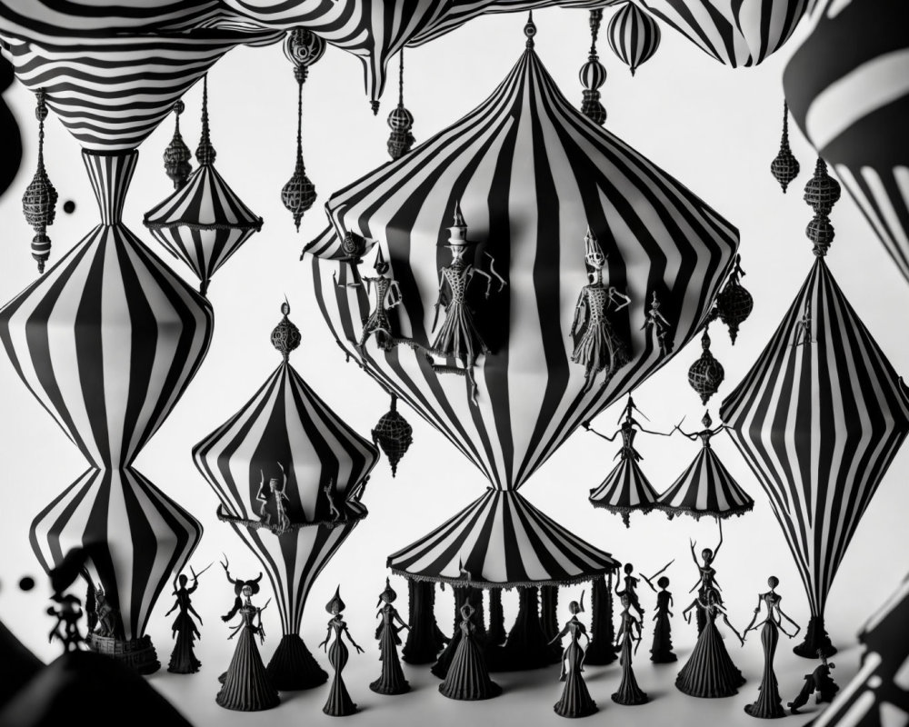 Whimsical monochrome circus tent and acrobat display