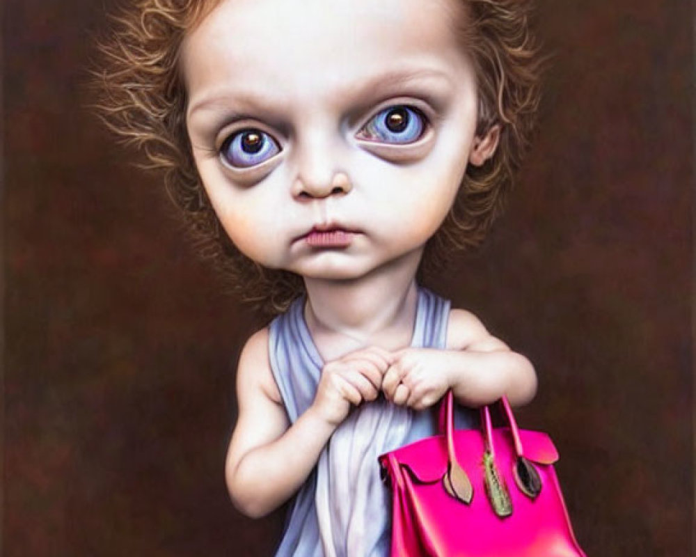 Surreal painting of child with oversized eyes and pink handbag