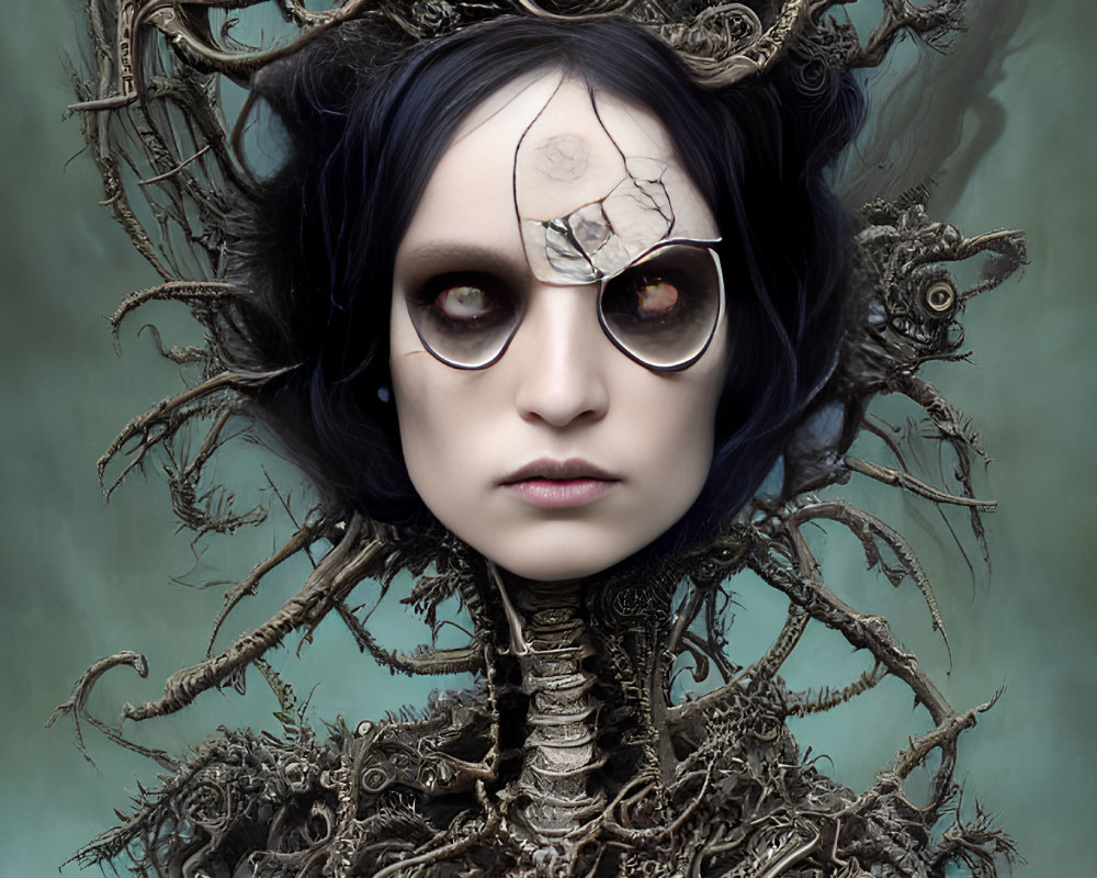 Surreal portrait of person with pale skin and dark hair, mechanical tree branches, clocks, gears