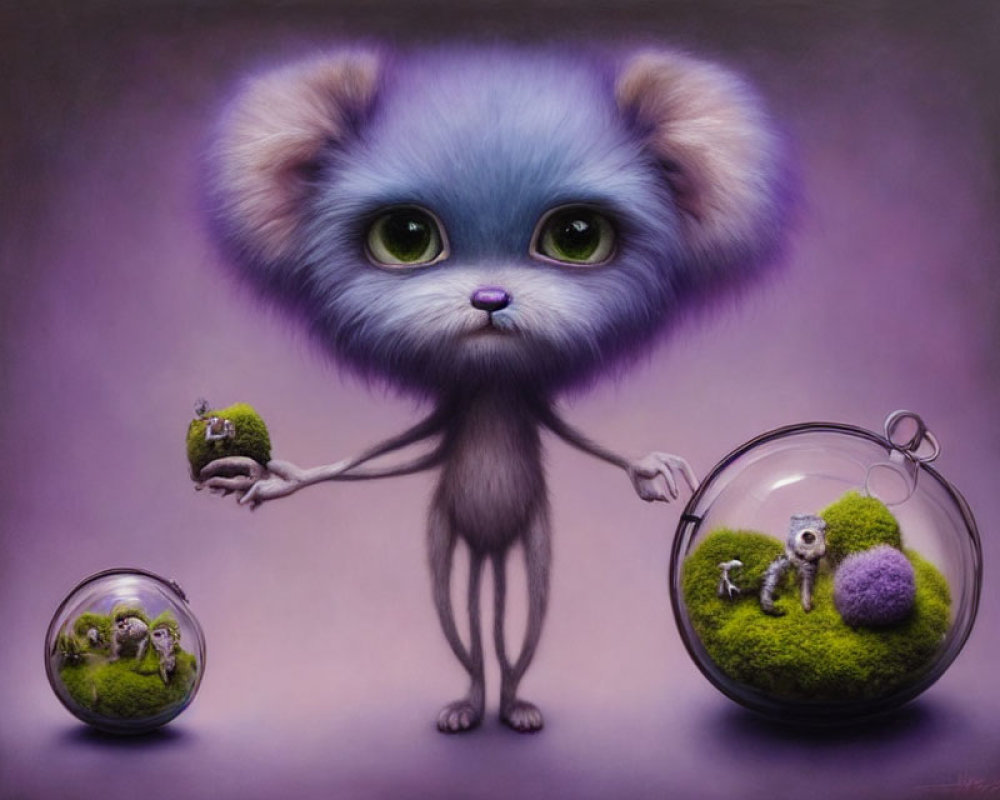 Fluffy creature with green eyes holding terrariums on purple background