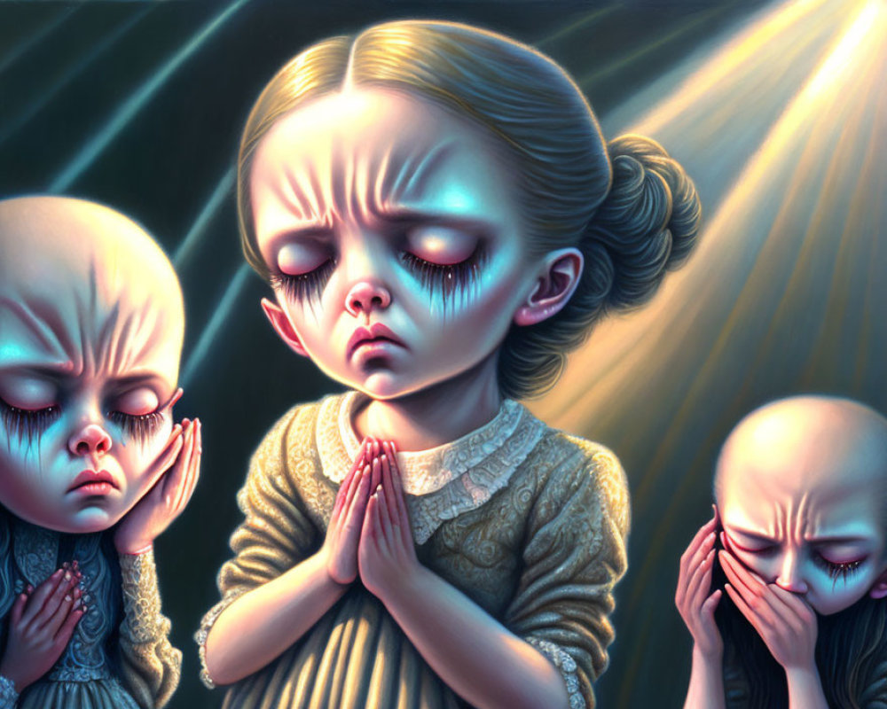 Illustration of sorrowful girl praying with two bald figures in dimly lit setting