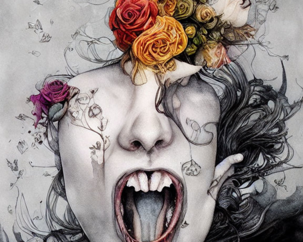 Surrealist woman portrait with flowers, second face, and dark hair