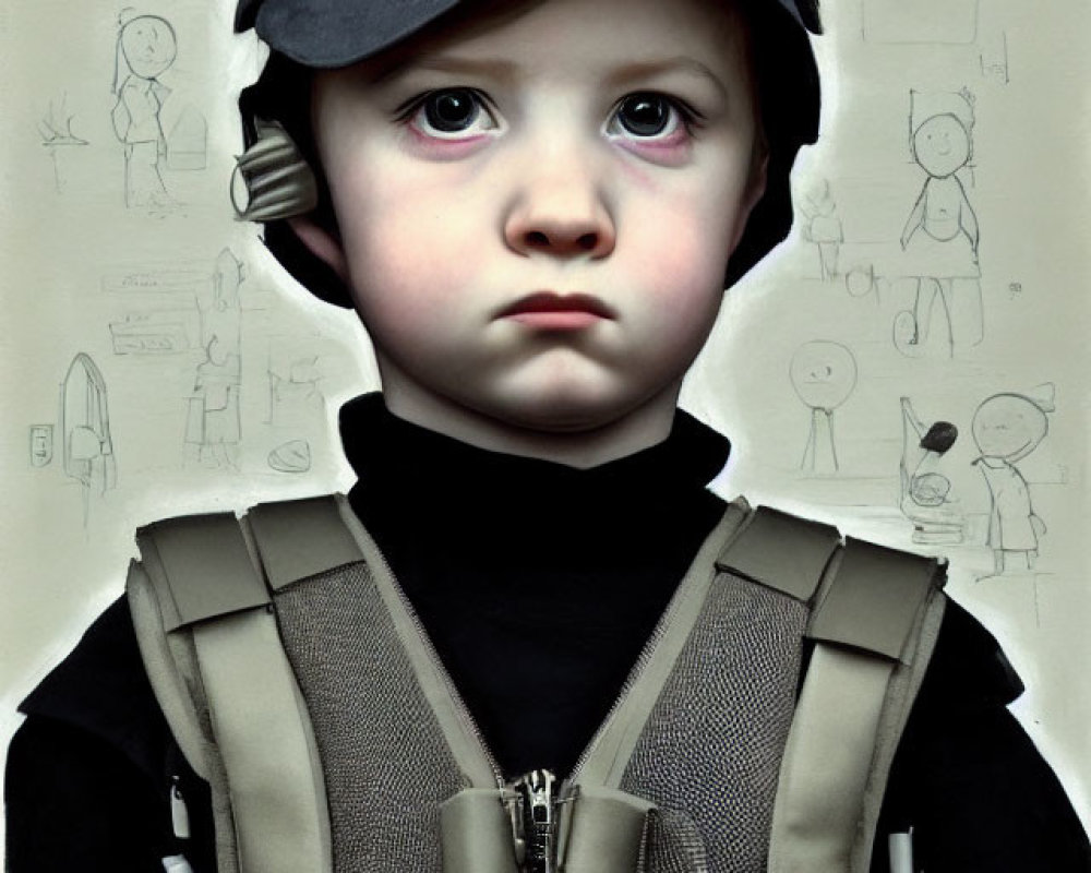 Child in Military Gear with Drawings Background