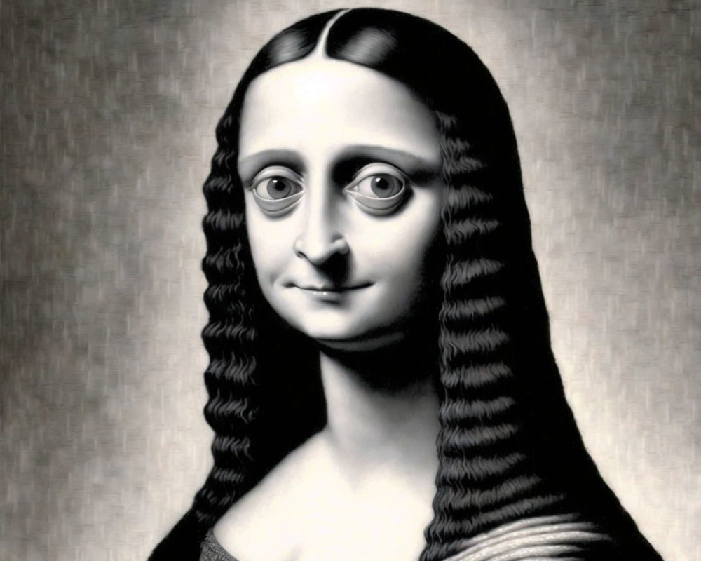 Stylized Mona Lisa with exaggerated smile and flowing hair