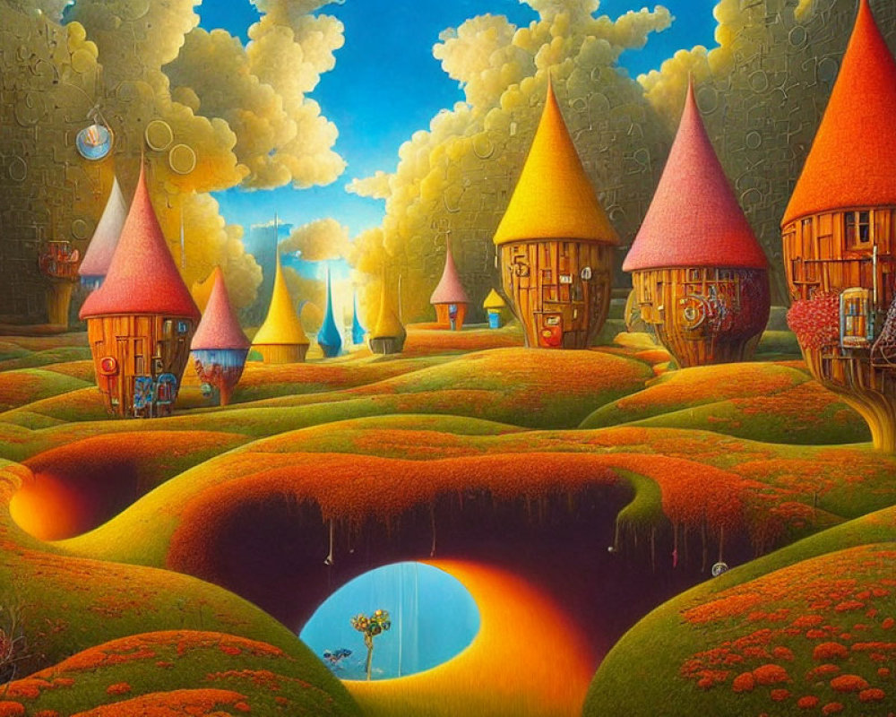 Vibrant Fantasy Landscape with Conical-Roofed Houses in Rolling Hills