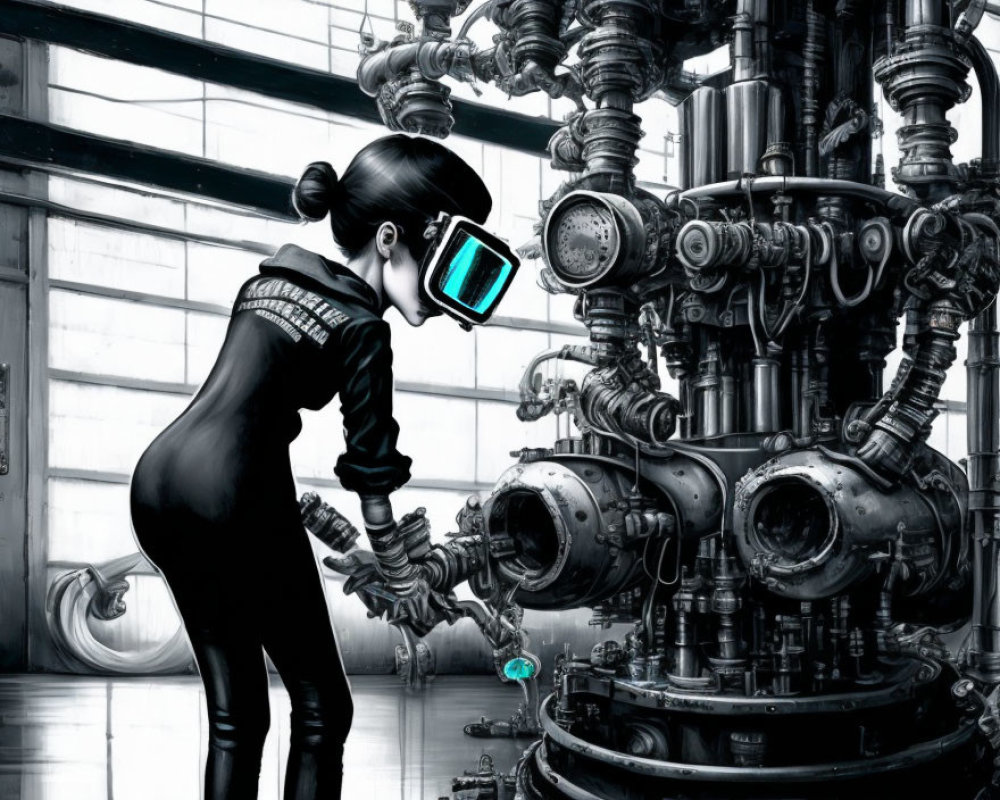 Futuristic female figure examines machinery in glowing visor