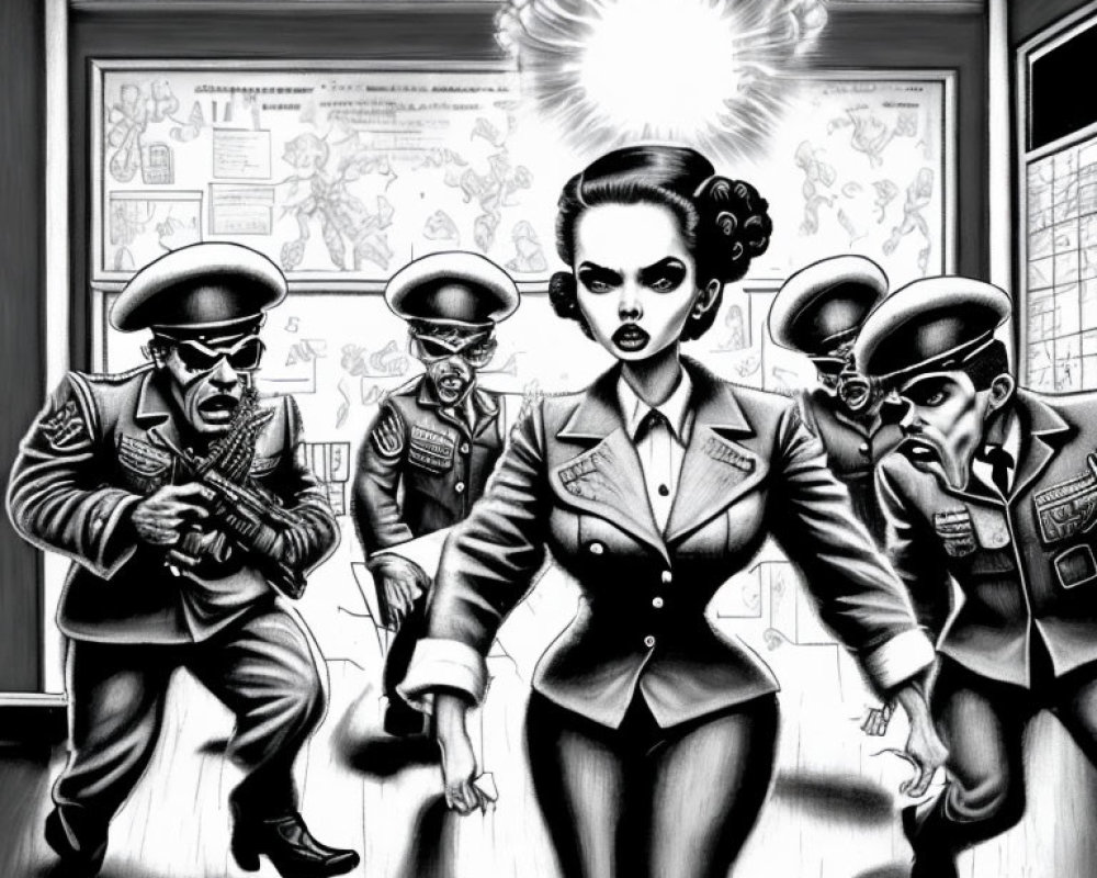 Monochrome illustration of woman surrounded by military men with guns