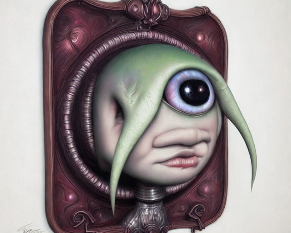 Green creature with large eye in surreal painting framed by ornate purple shapes