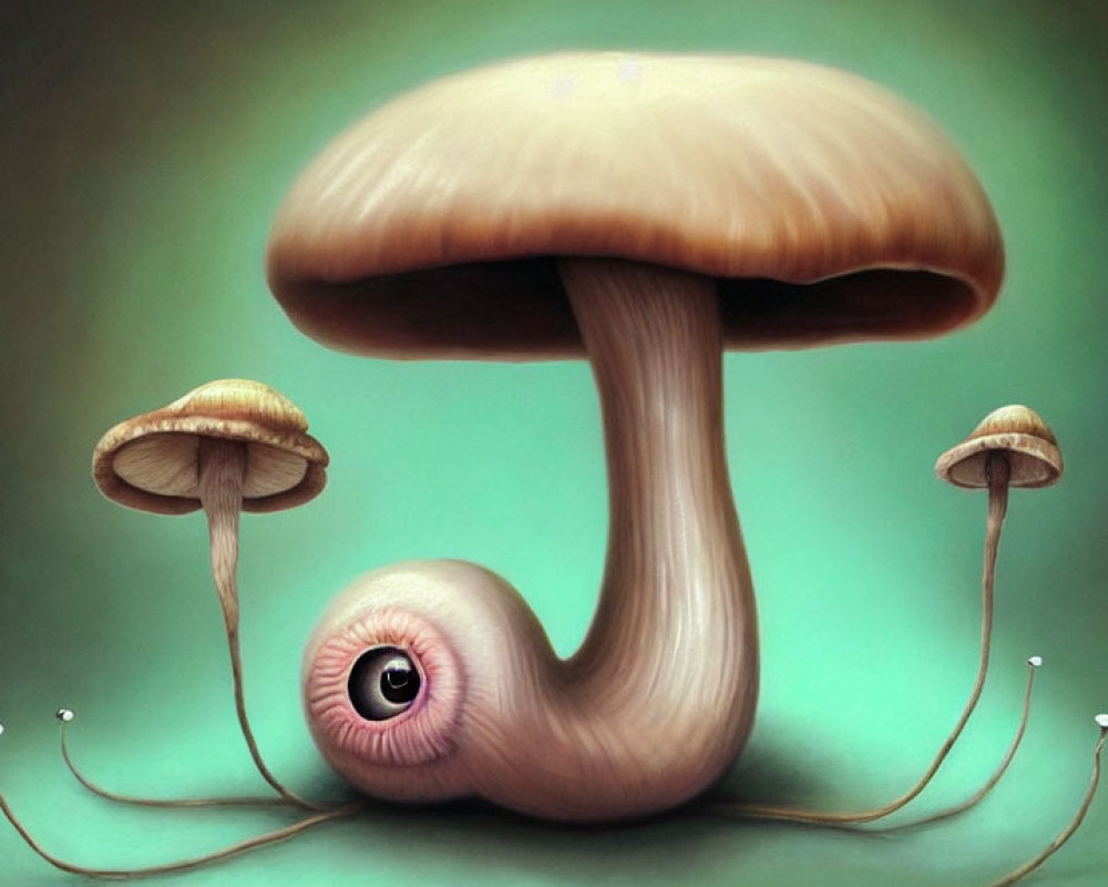 Surreal oversized mushroom with single eye on stalk against green background