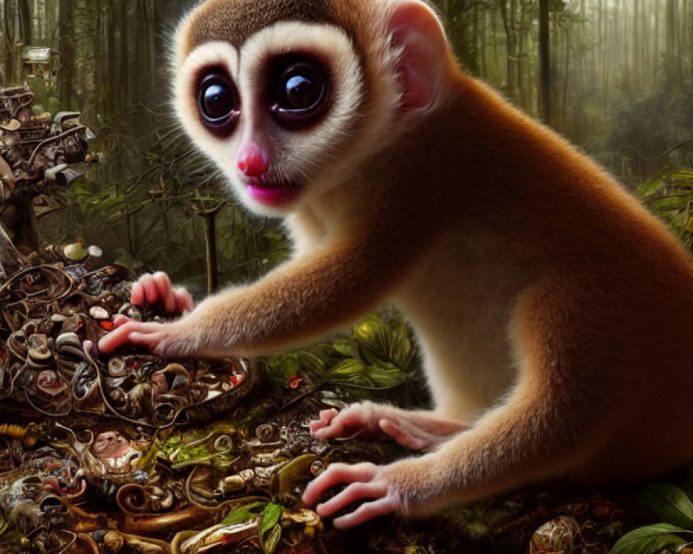 Large-eyed primate resembling a bushbaby with trinkets in forest setting