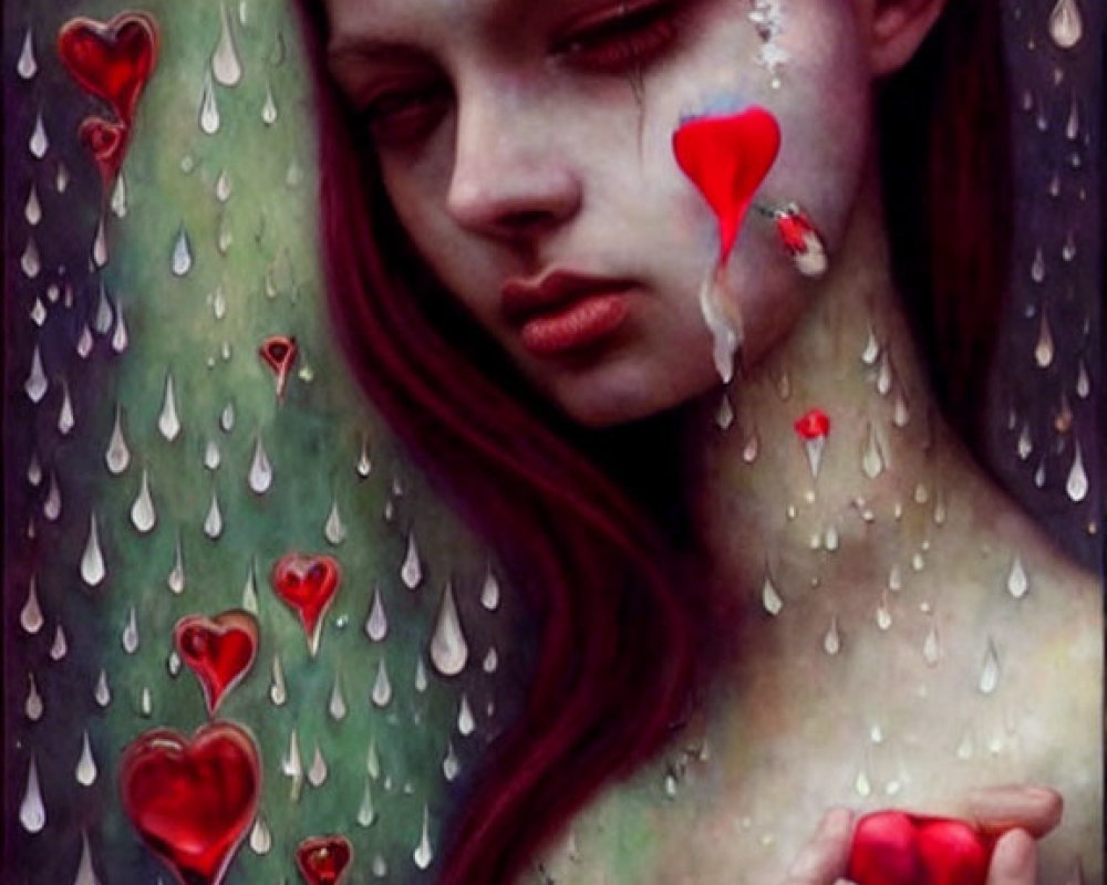 Portrait of Woman with Pale Skin and Red Hair Crying in Raindrops and Hearts