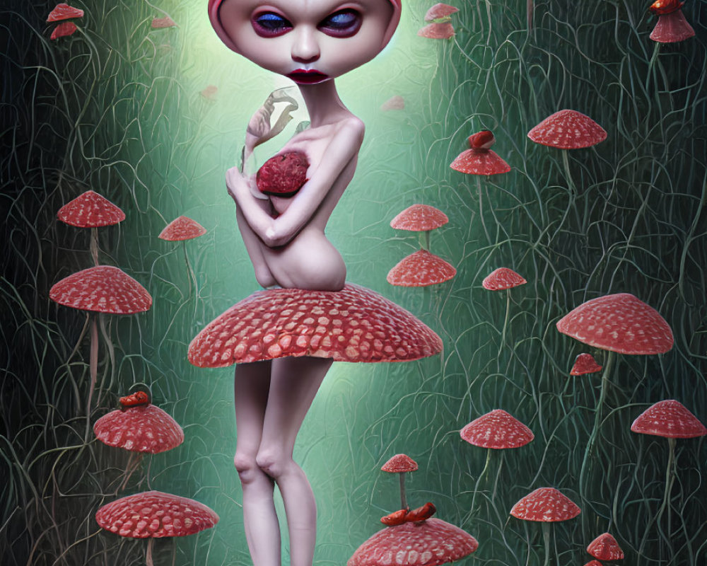 Humanoid mushroom character surrounded by red-capped mushrooms in a field