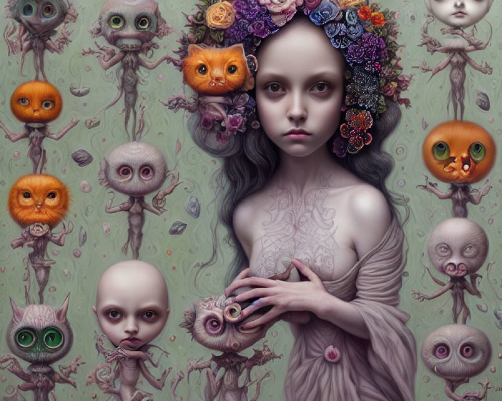 Whimsical surreal portrait of pensive girl with creatures and floral backdrop