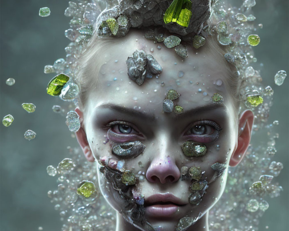 Surreal portrait: female with crystalline structures and green gemstones on misty background