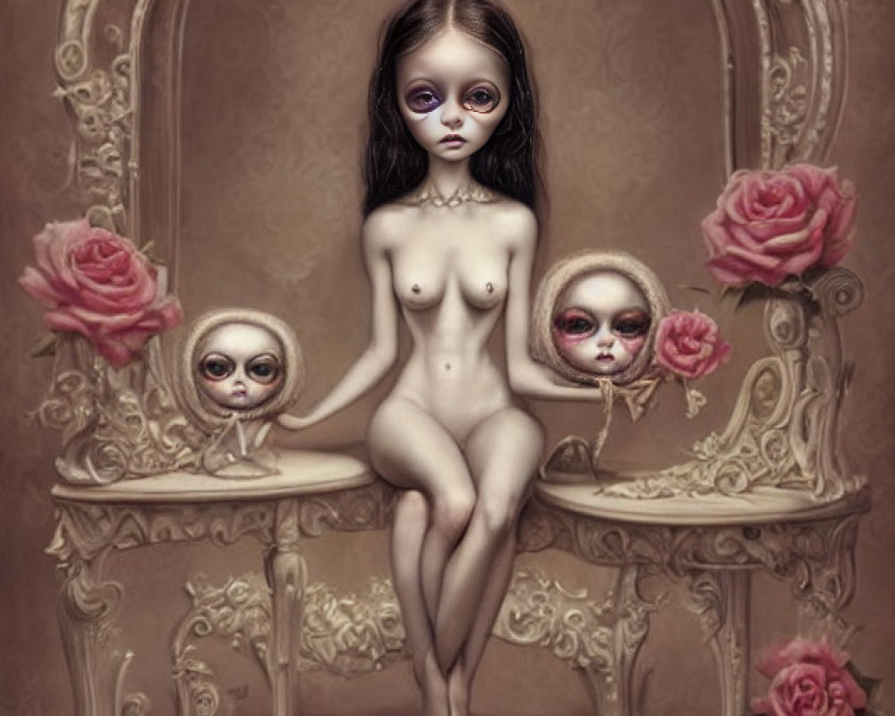 Surreal nude figure with big eyes and smaller figures in ornate frame.