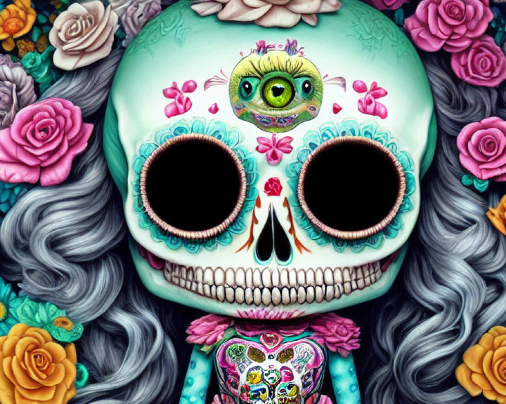 Vibrant floral skull art with green one-eyed creature