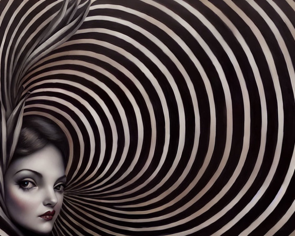 Surreal portrait of woman with hair blending into concentric circles