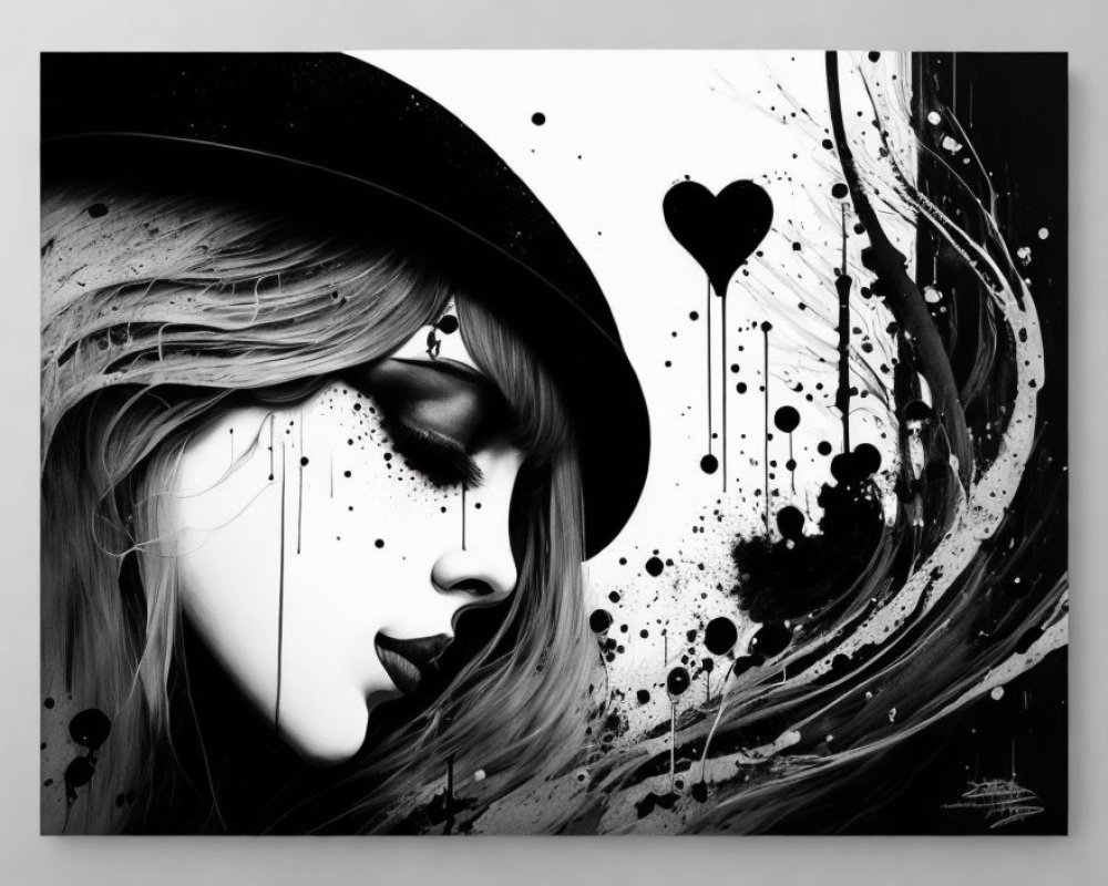 Monochrome artwork of woman with hat, closed eyes, tears, abstract patterns.