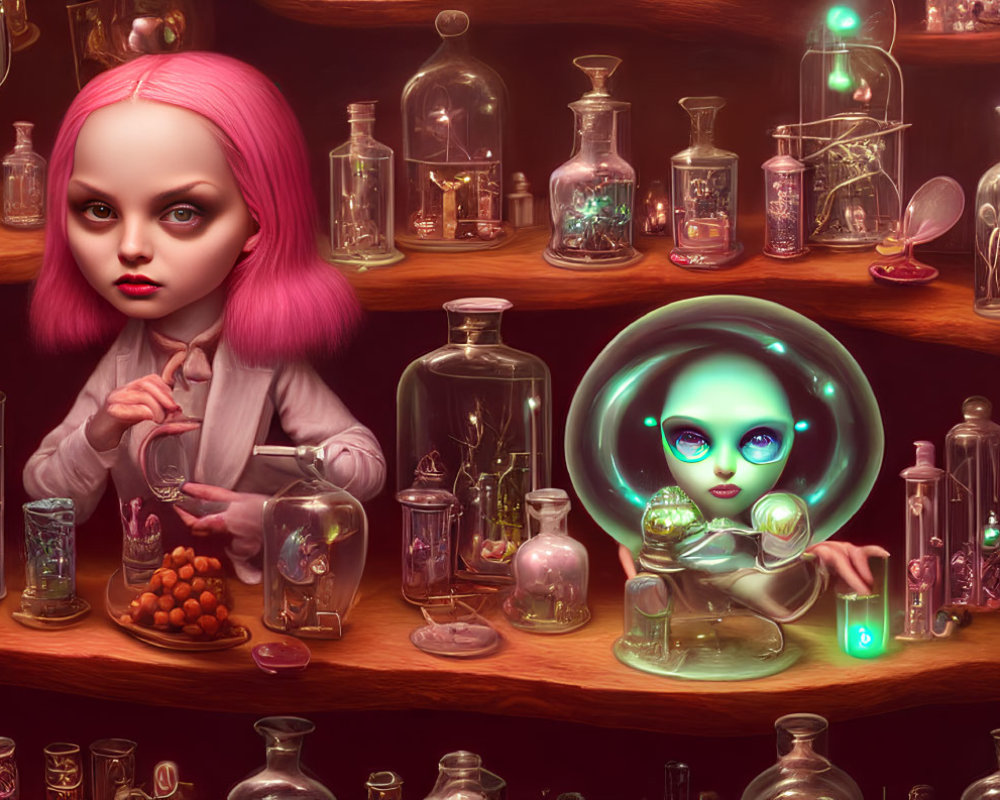 Surreal Artwork: Girl with Pink Hair, Mystical Potions, Glowing Alien