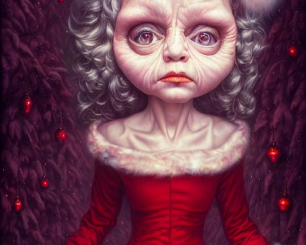 Fantastical creature with old woman's face in Santa hat and red dress, set in wintry